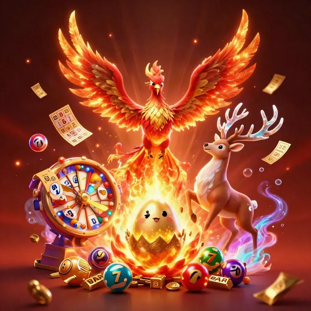 Fire phoenix, hatching baby phoenix, and crystal stag amid casino treasure and neon ember glow.