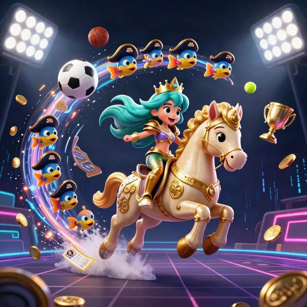Mermaid princess on a seahorse amid flying sports balls, coins, and stadium lights.