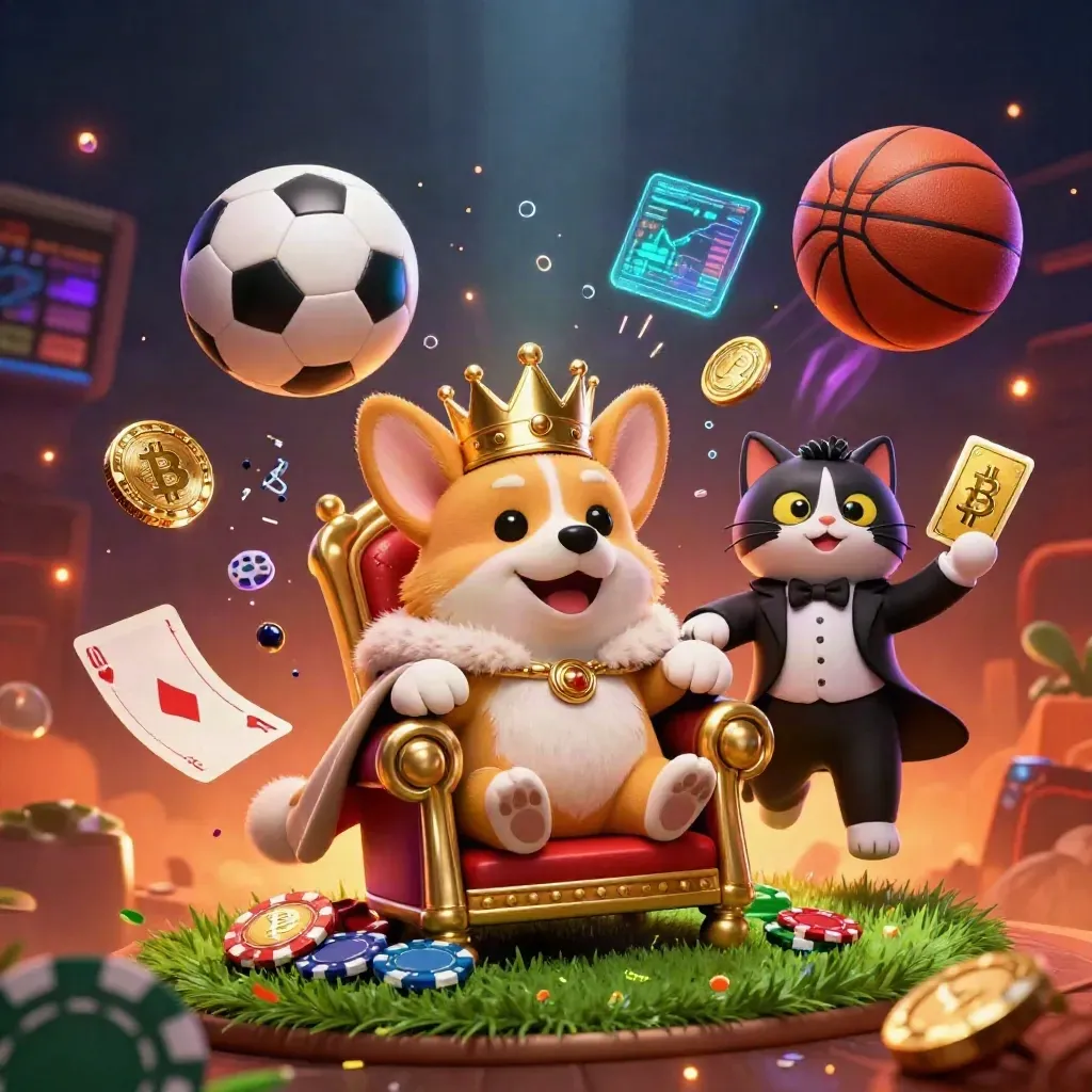 Crowned corgi and cat butler amid flying ball, chips, coins, and neon casino energy.