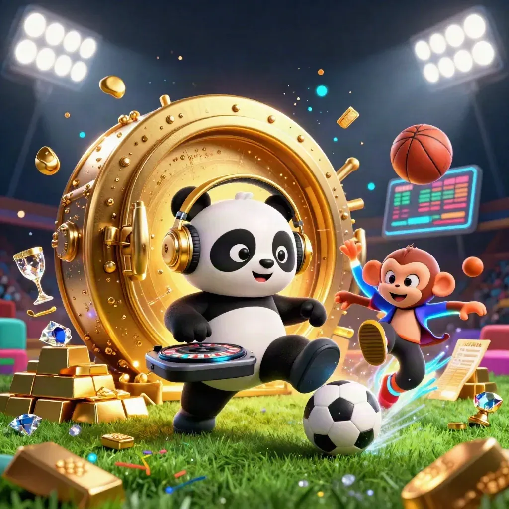 Cartoon panda, monkey and kitten amid sports action, gold vault, gems, and neon casino glow.