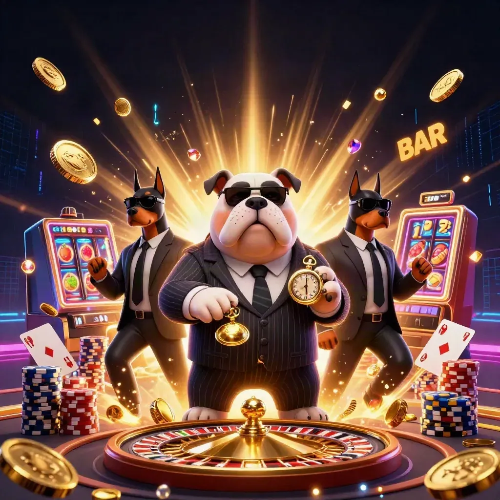 Bulldog mafia boss and two Doberman bodyguards amid coins, cards, reels, and neon casino magic.