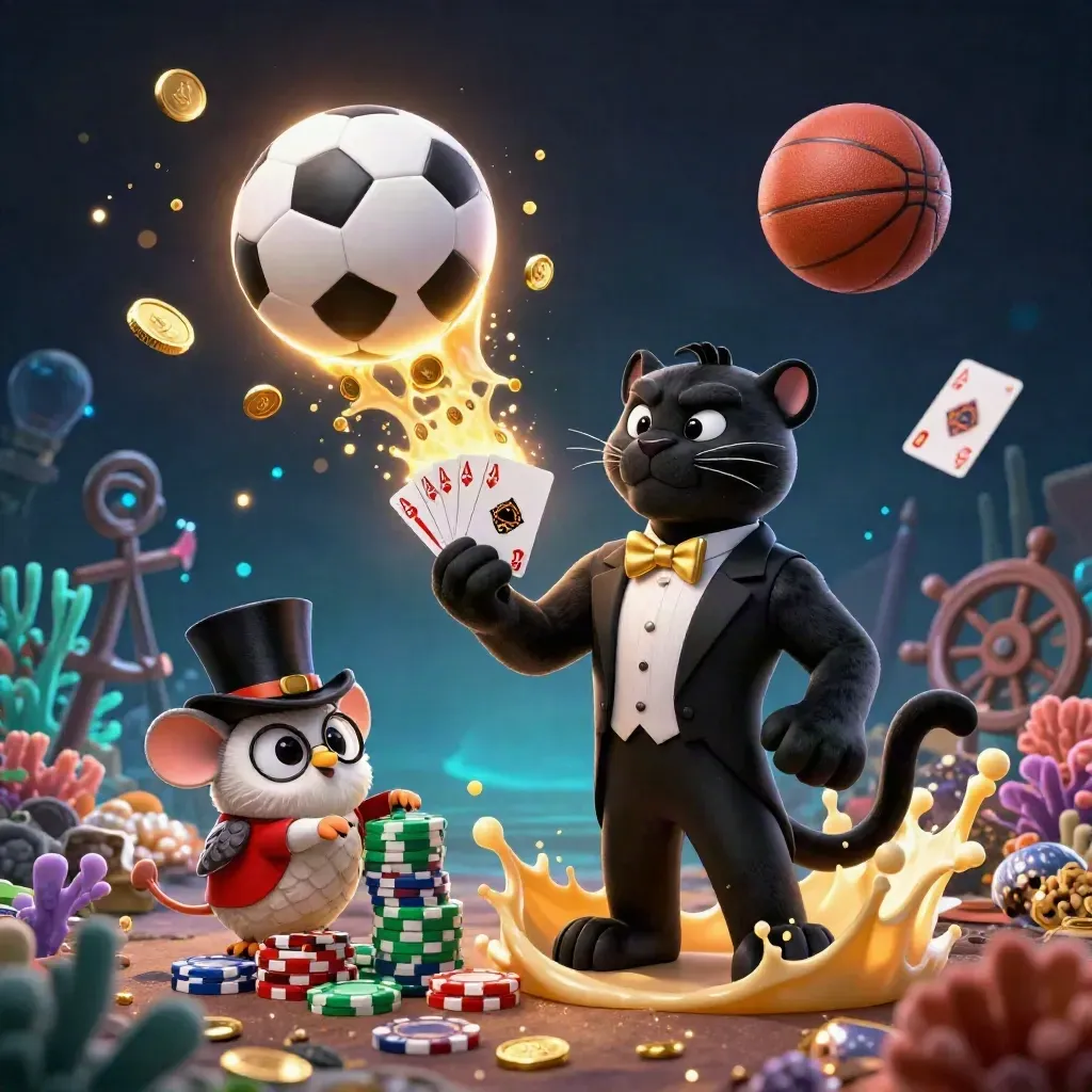 Panther, owl, and mouse amid casino cards, coins, coral, and sports balls in a glowing navy-gold scene