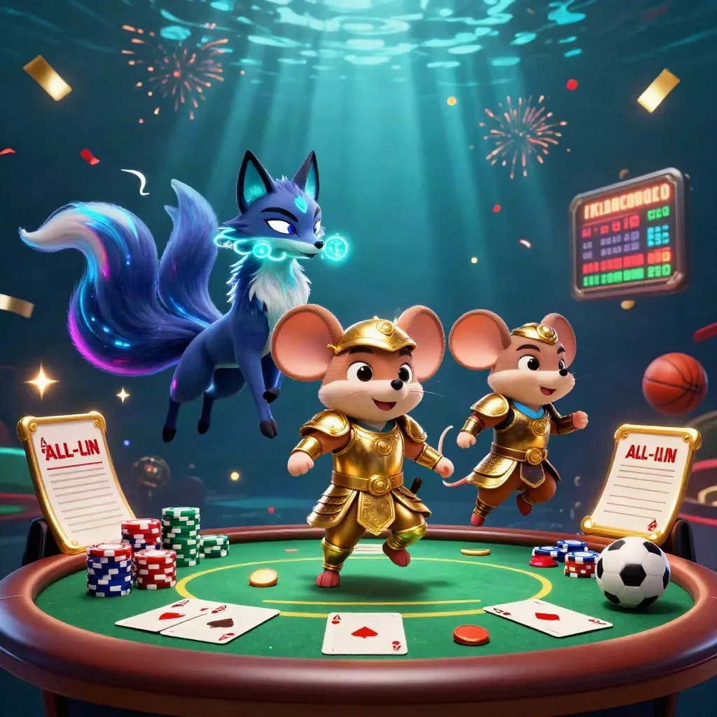 Neon fox spirit and gold-armored mouse amid casino chips, cards, balls, and magical light.