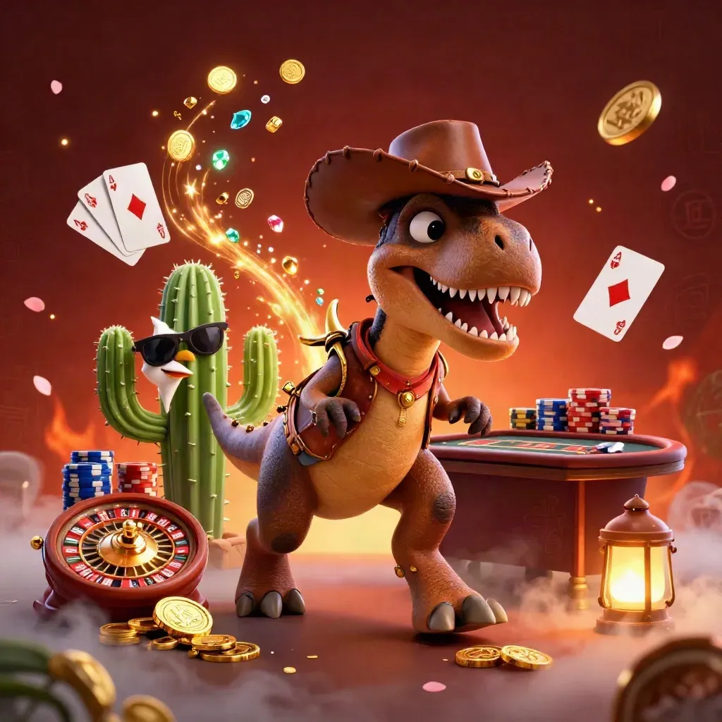 3D cowboy T-Rex, cactus sidekick, and roadrunner amid casino gold, gems, and glowing fantasy light