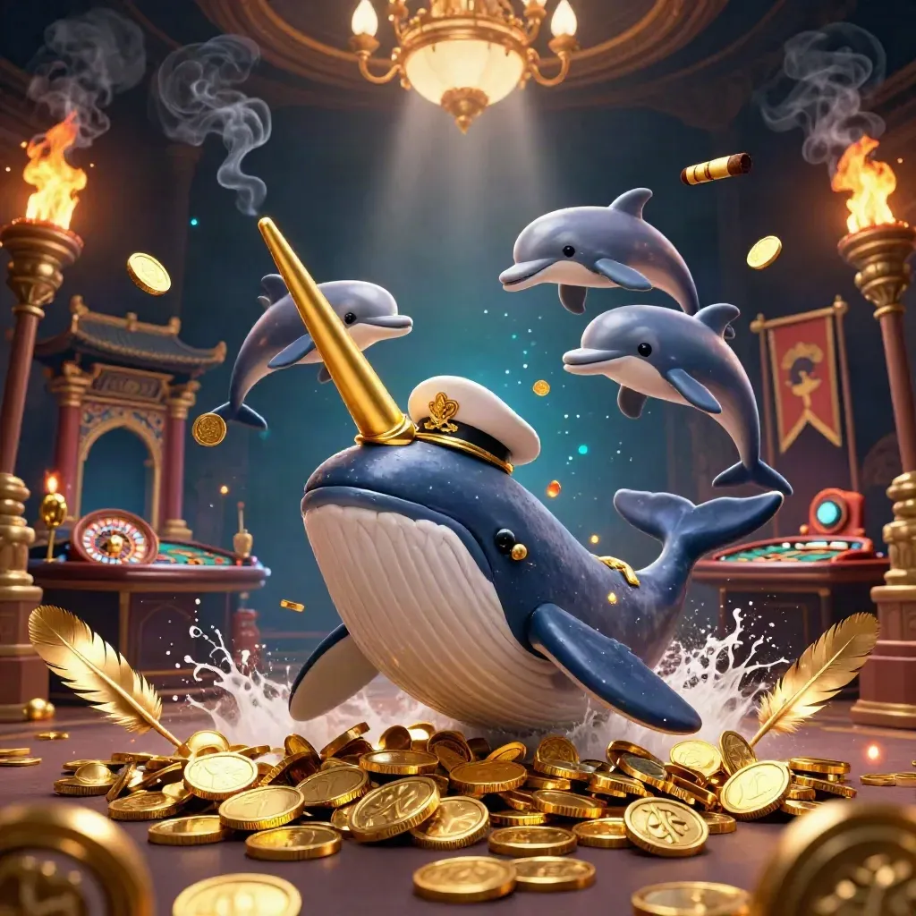 Whale captain, narwhal and dolphins in a lavish casino-temple with coins, brass, smoke and torchlight.