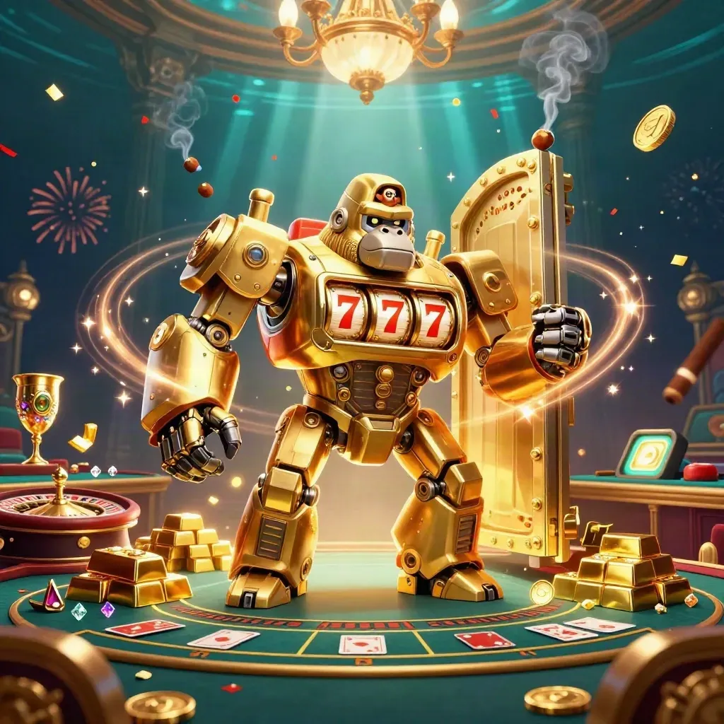 Golden gorilla mech with monkey pilot amid vault light, gems, brass, and casino glam.