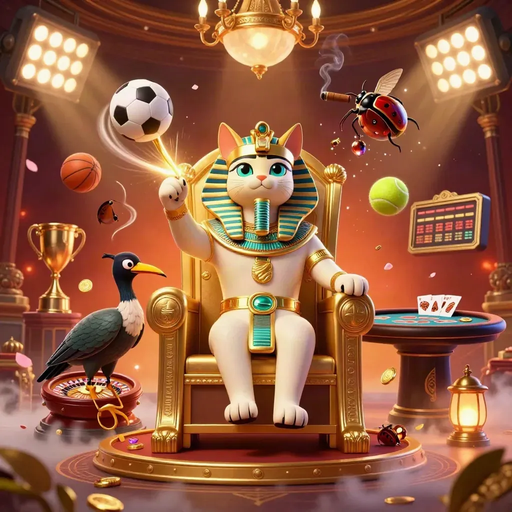 Pharaoh cat and ibis scribe amid casino lights, sports balls, gold coins, and a roulette spin.