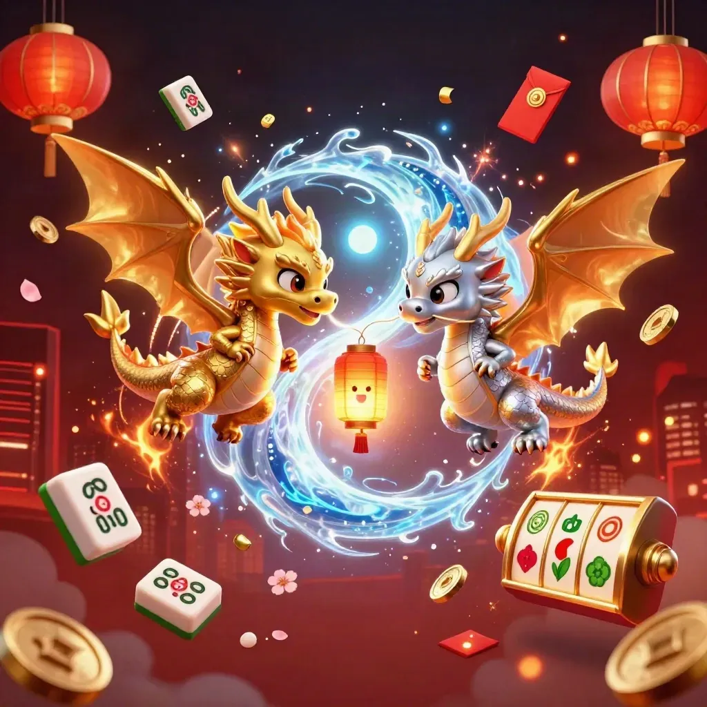 Twin gold and silver dragons spiral with fire and ice, lantern spirit, coins and lanterns.