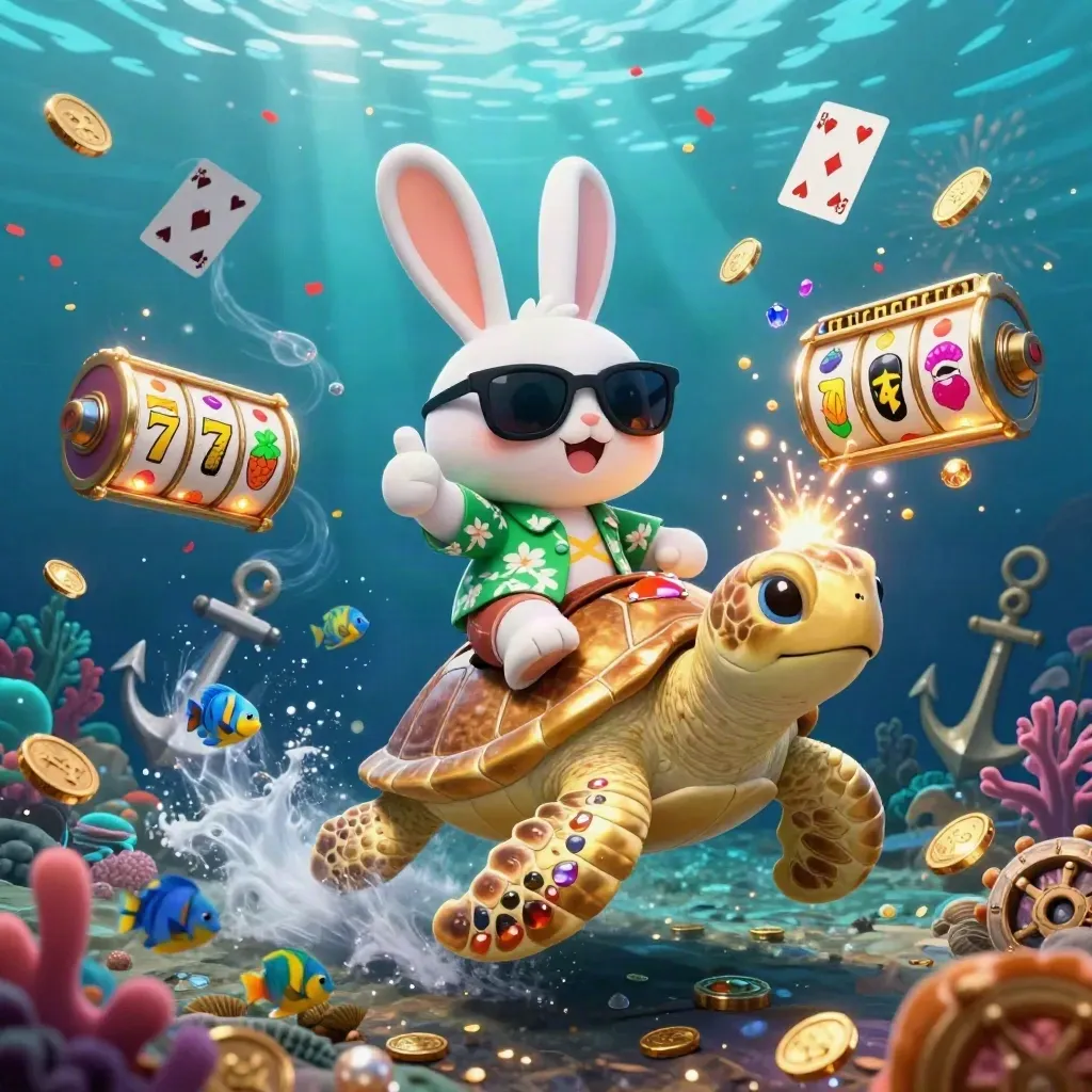Lucky rabbit rides jeweled sea turtle through treasure cove, coins and cards exploding around.