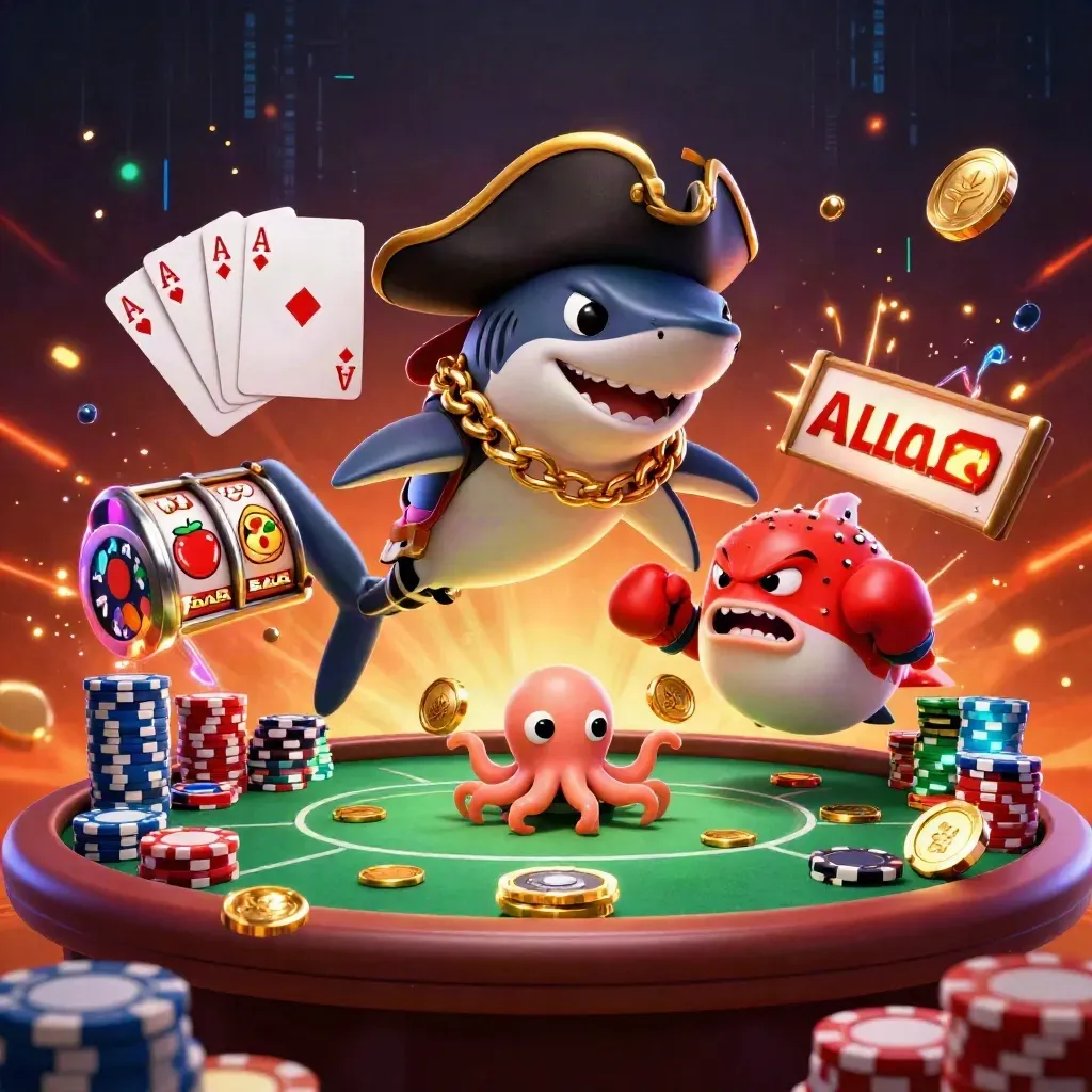 Pirate shark, boxing pufferfish and coin-juggling octopus amid casino chips, cards and glowing treasure.