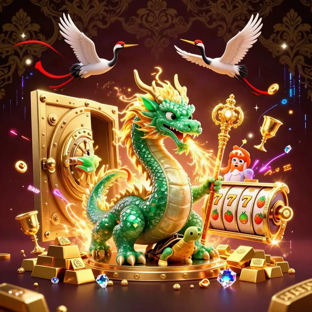 Emerald dragon, turtle sage, and cranes explode through gold treasure in a dark luxe fantasy casino.