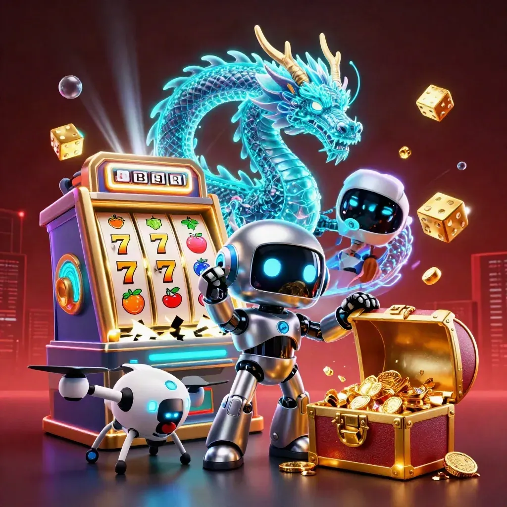 Robot mascot, cyan AI dragon and drone amid exploding slot machine, treasure and neon casino glow.