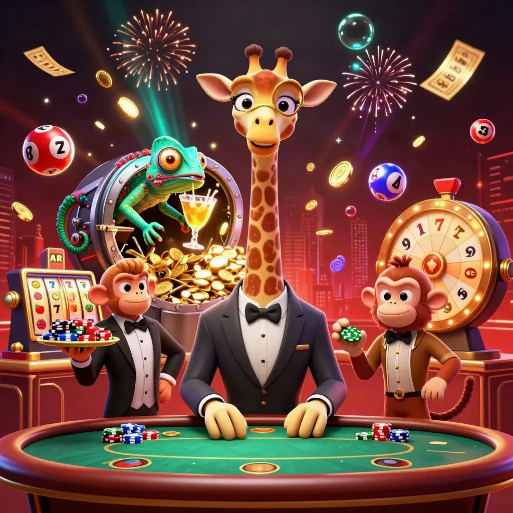 Giraffe, monkey, and chameleon celebrate amid coins, fireworks, reels, and casino treasures.