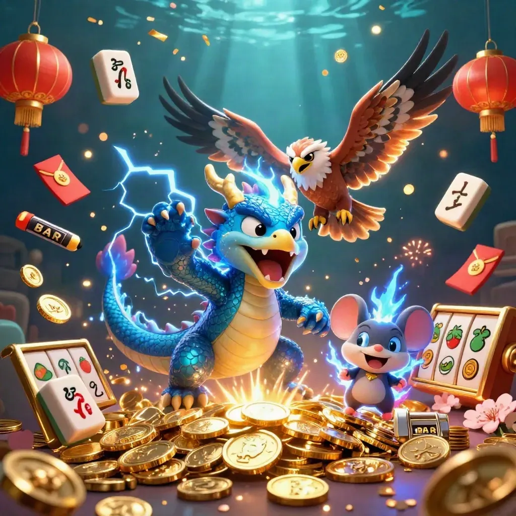 Thunder dragon, wind hawk, and thunder-mouse amid gold coins, lanterns, fireworks, and slot symbols.