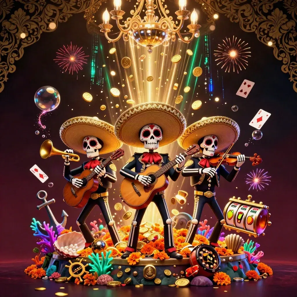 Day-of-the-Dead skeleton mariachi trio amid gold coins, coral, and treasure in a dark luxe casino cove