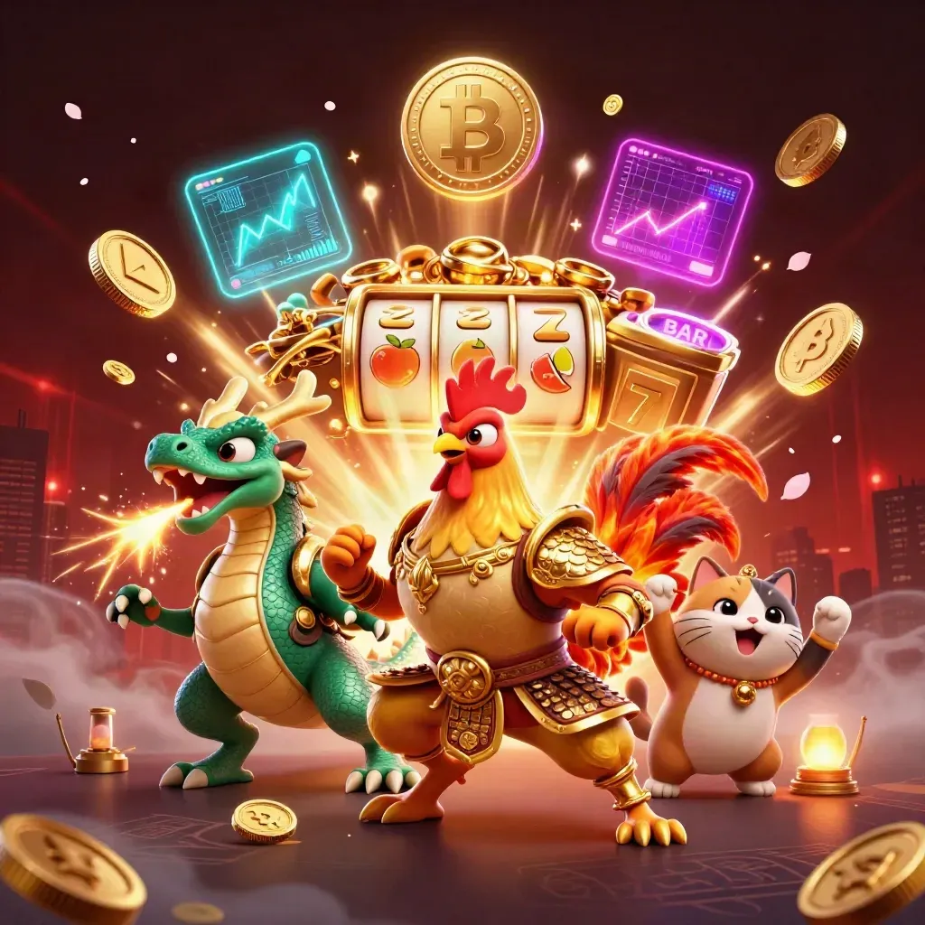 Rooster warrior, dragon hatchling and fortune cat amid coin bursts, sparks and fireworks.