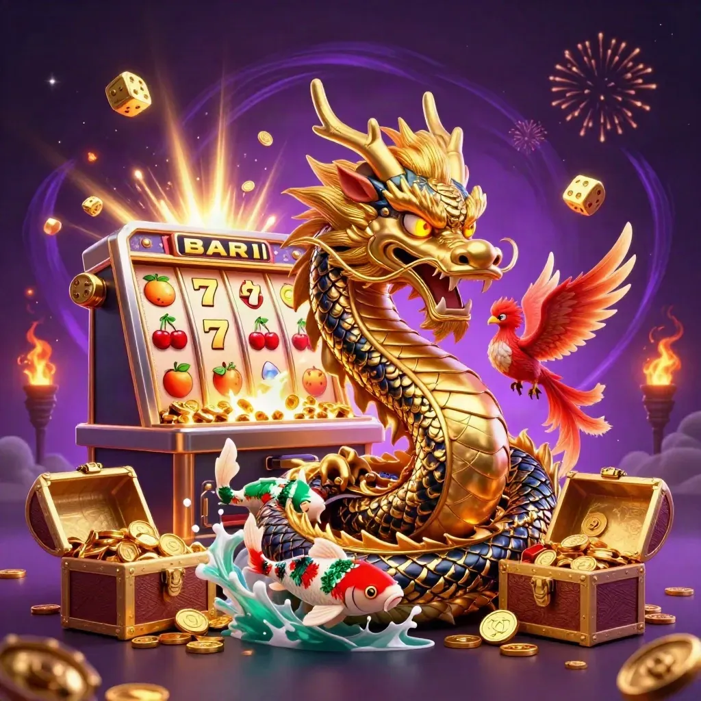 Golden dragon, phoenix, and koi amid bursting slot machine gold, fireworks, and glowing casino magic.