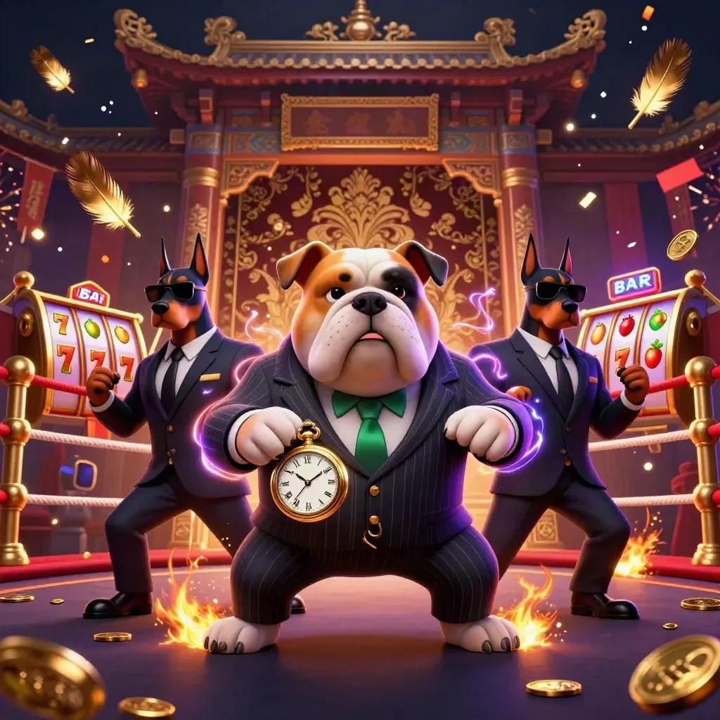 Mafia bulldog flanked by two Dobermans amid temple-gate casino chaos, coins, reels, fireworks
