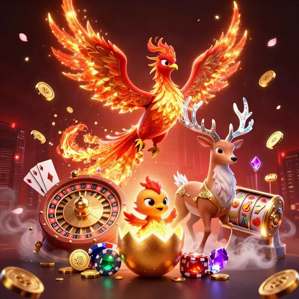 Phoenix, hatching baby phoenix, and crystal-antler stag amid casino coins, cards, chips, and glowing reels.