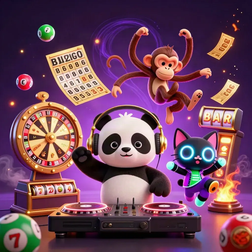 DJ panda, breakdancing monkey and rave kitten amid casino reels, balls and gold confetti.