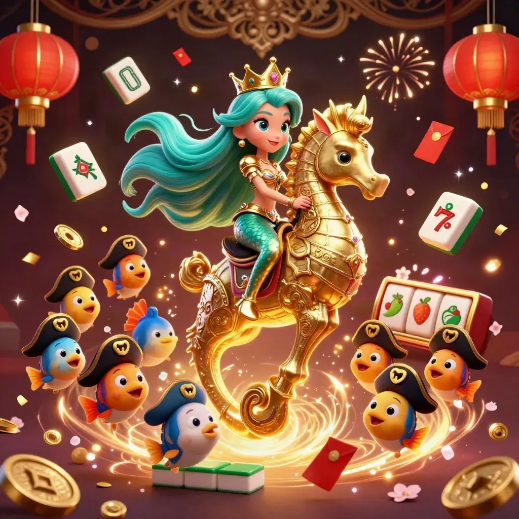 Mermaid princess on golden seahorse with pirate fish, casino symbols, and dark luxe fantasy glow.