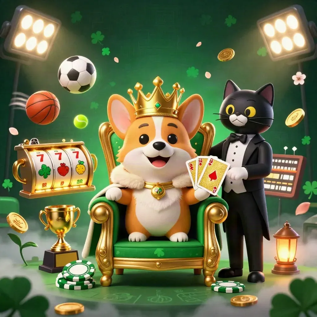 Royal corgi and cat butler in a casino throne scene with glowing slot symbols and flying sports balls