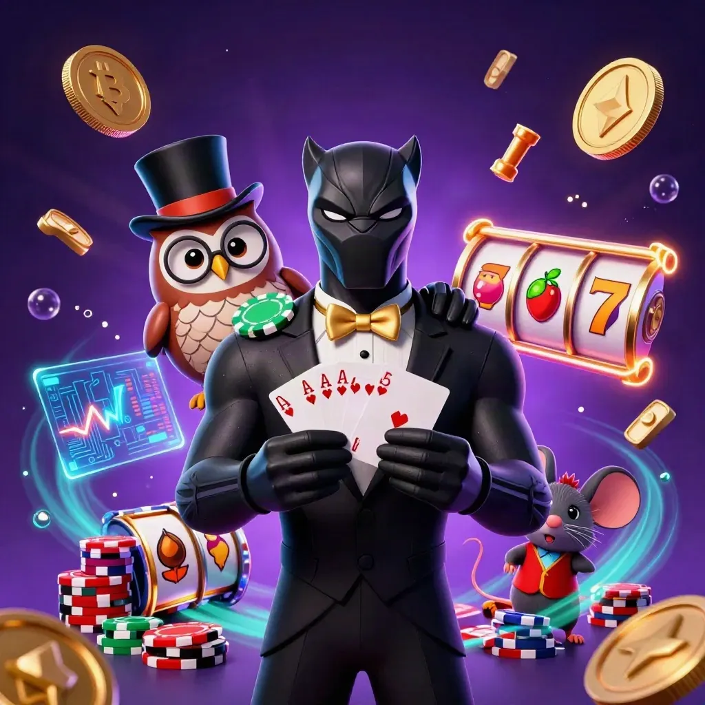 Panther, owl, and mouse casino heroes amid glowing coins, reels, and magic in a dark luxe scene.
